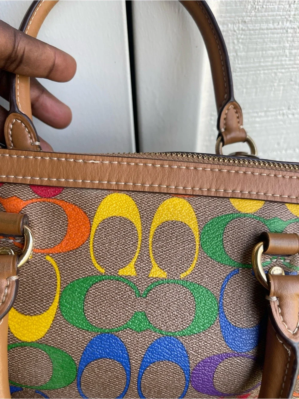 Coach Multicolor crossbody Rainbow Signature Bag in Tan with Leather Trim